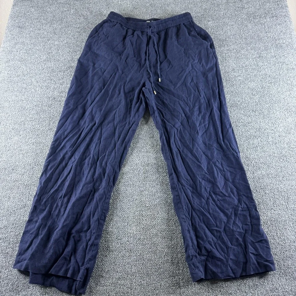 ZARA Sweatpants Womens XL Blue Linen Wide Leg Relaxed Elastic Drawstring